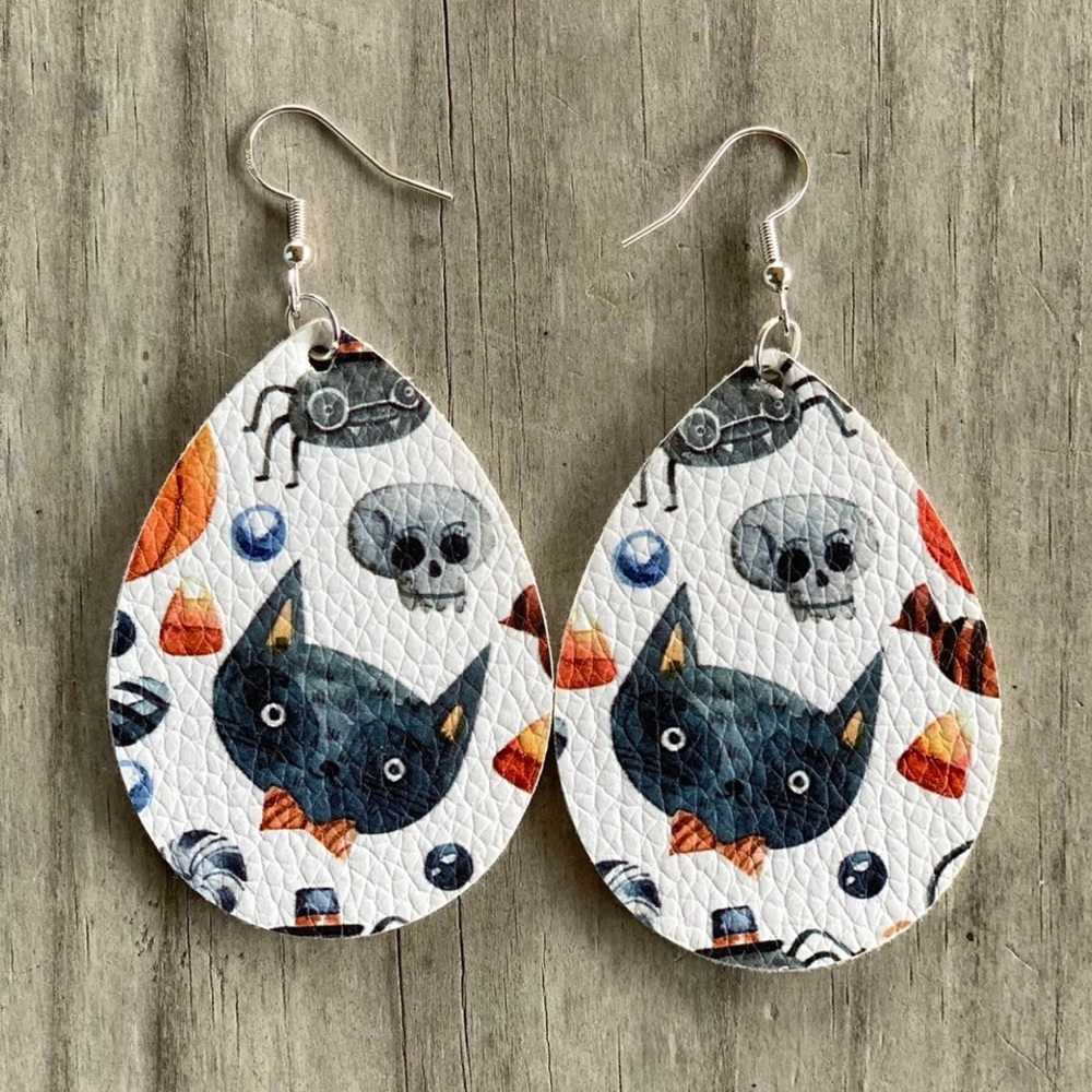 Black Cat Print & More Halloween Stuff Teardrop Faux Leather Earrings